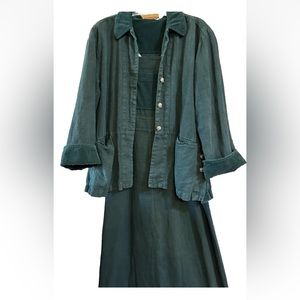 Cut Loose Sz Medium 100% Linen Forest Green Lagenlook Jumper Dress W/ Jacket